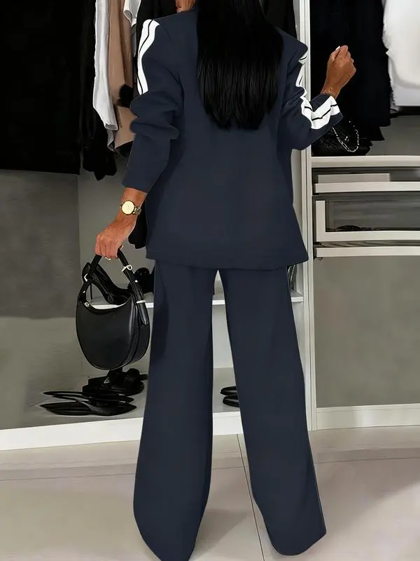 Women's Striped Print Blazer Jacket & Wide Leg Pants Set, Casual Fitted Suit for All Seasons, Stylish Ladies' Clothing Ensemble