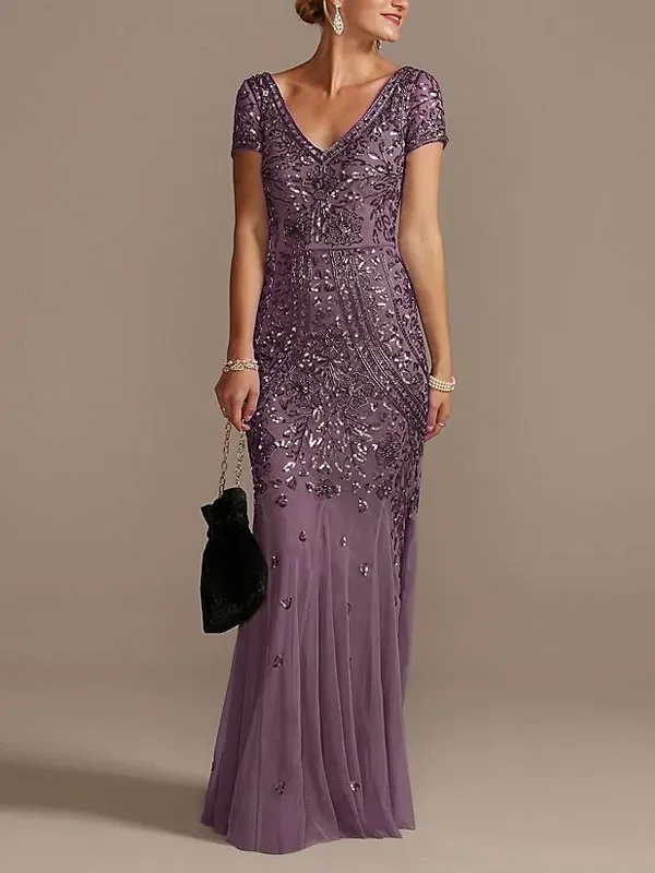 V-neck Beaded Short Sleeve Dress with Godets Mother of the Bride Dress
