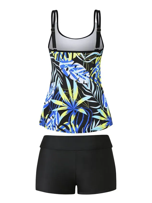 Vacation Floral Printing Scoop Neck Tankinis Two-Piece Set