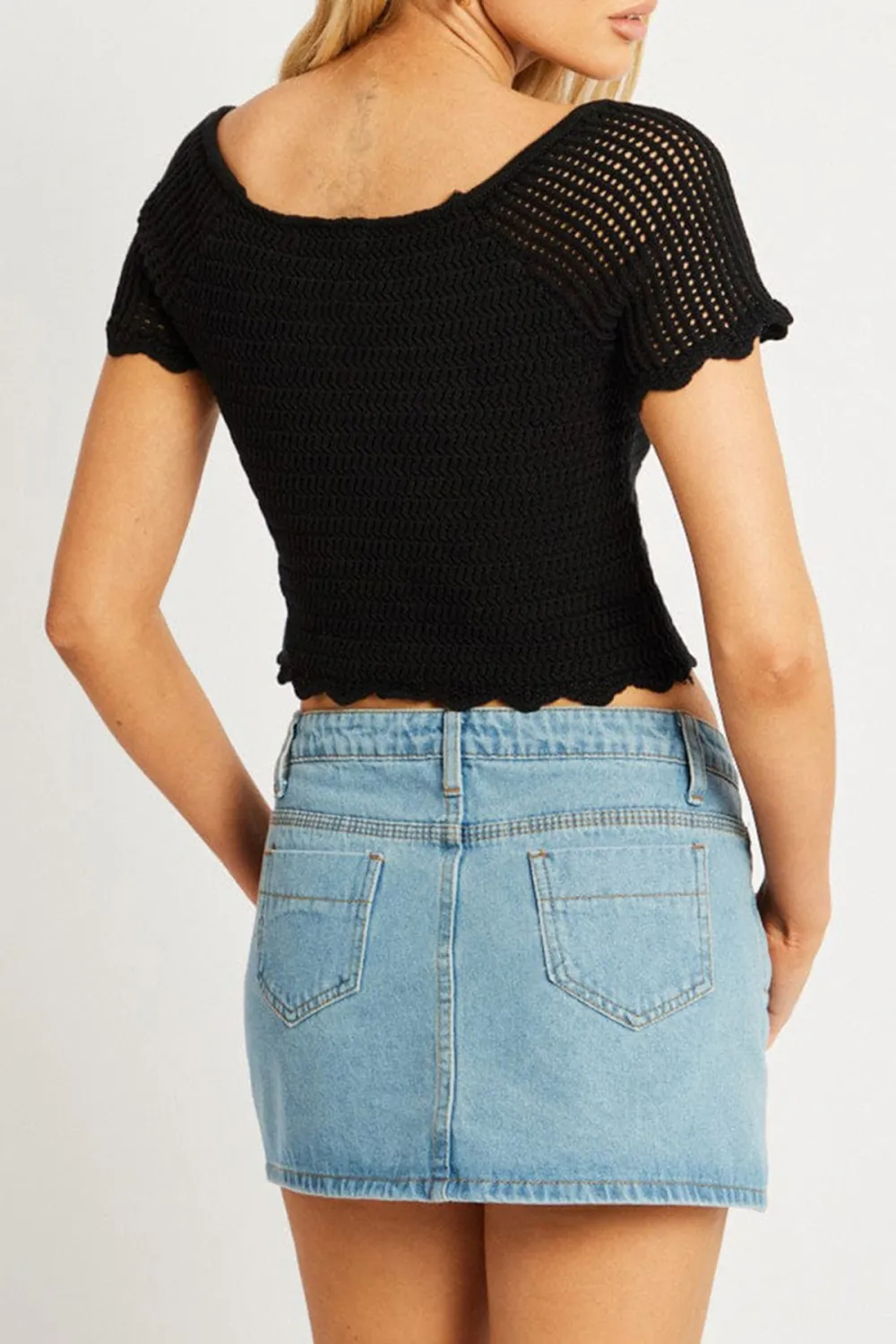 Black Crochet Knit Top Short Sleeve Button Down