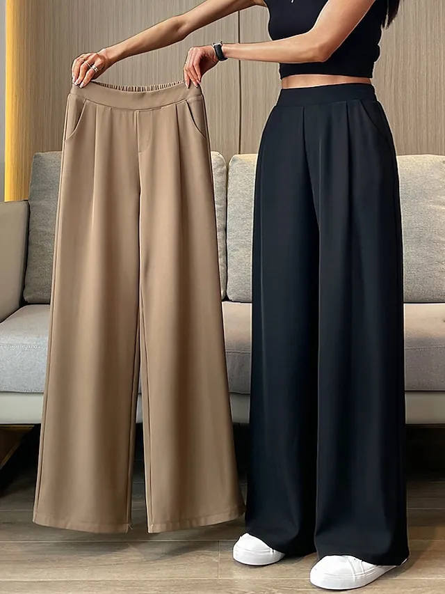 Women's Dress Pants Wide Leg Maillard Trousers Full Length Pocket Baggy Micro-elastic High Waist Fashion Streetwear Work Street Black Blue M L Summer Fall
