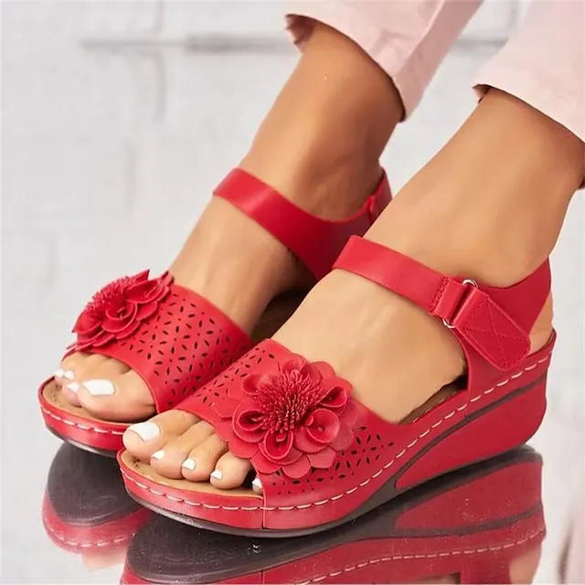 Women's Sandals Slippers Wedge Sandals Plus Size Outdoor Beach Summer Flower Wedge Heel Vintage Elegant Casual PU Magic Tape Solid Color Black White Red