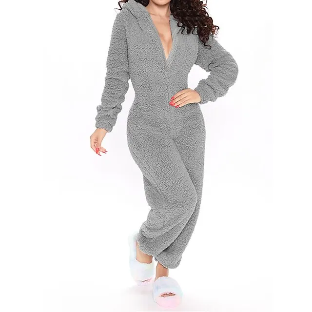 Women‘s Fleece Adult Onesies Onesie Pajamas Fluffy Fuzzy Warm Pajama Pure Color Plush Casual Comfort Home Daily Bed Sherpa Warm Hoodie Long Sleeve Fall Winter Black Pink
