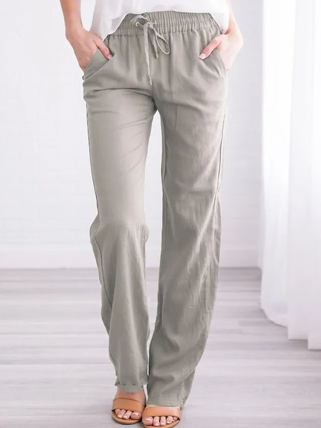 Women‘s Chinos Pants Trousers Baggy Full Length Pocket Cotton Linen Mid Waist Classic Casual Office Work Black Red S M Summer Spring &  Fall