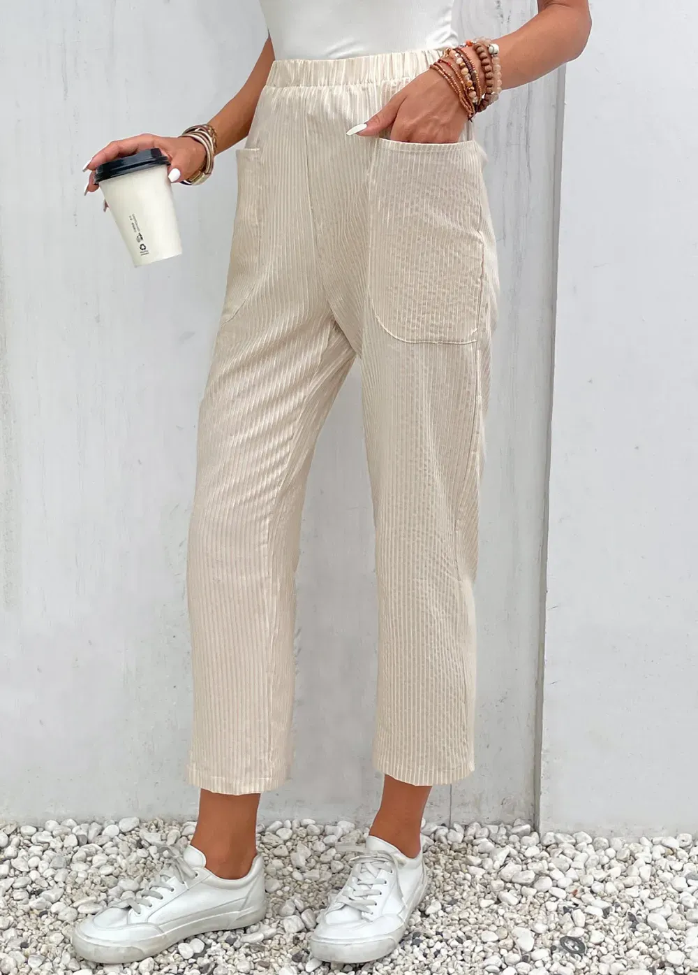 Beige Pocket Elastic Waist High Waisted Pants