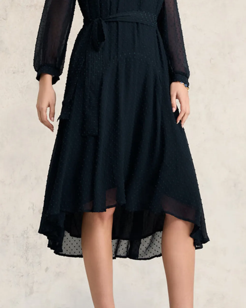V Neck Long Sleeve Belted Midi Dress