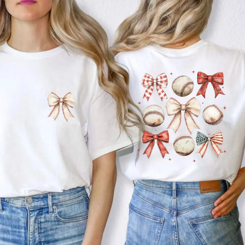 Red And White Plaid, Red, Beige, Bows With American Flag Elements And Several Baseball Patterns, Surrounded By Star Combination Patterns, Casual T-Shirt.