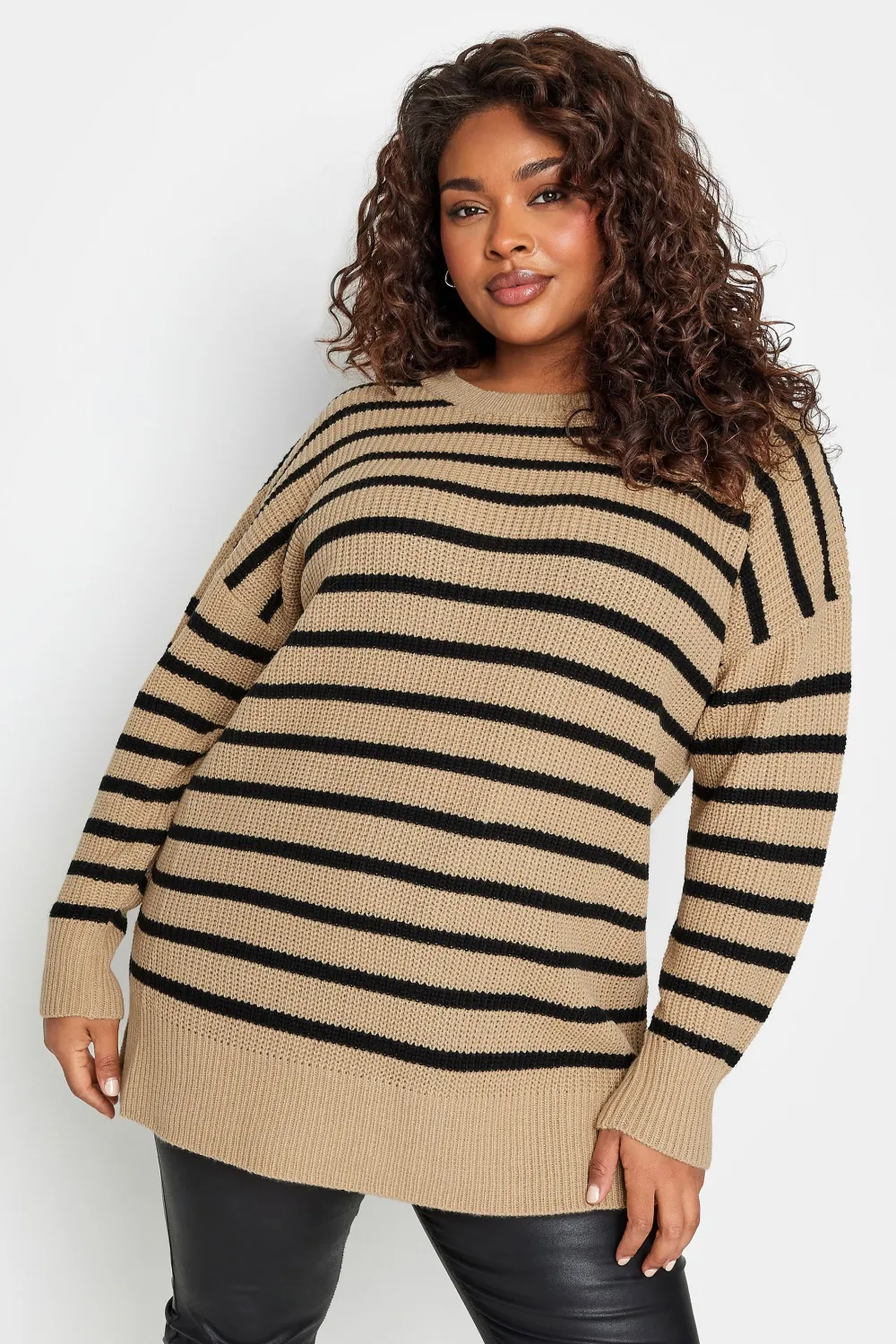 YOURS Curve Beige Brown Stripe Drop Shoulder Knitted Jumper