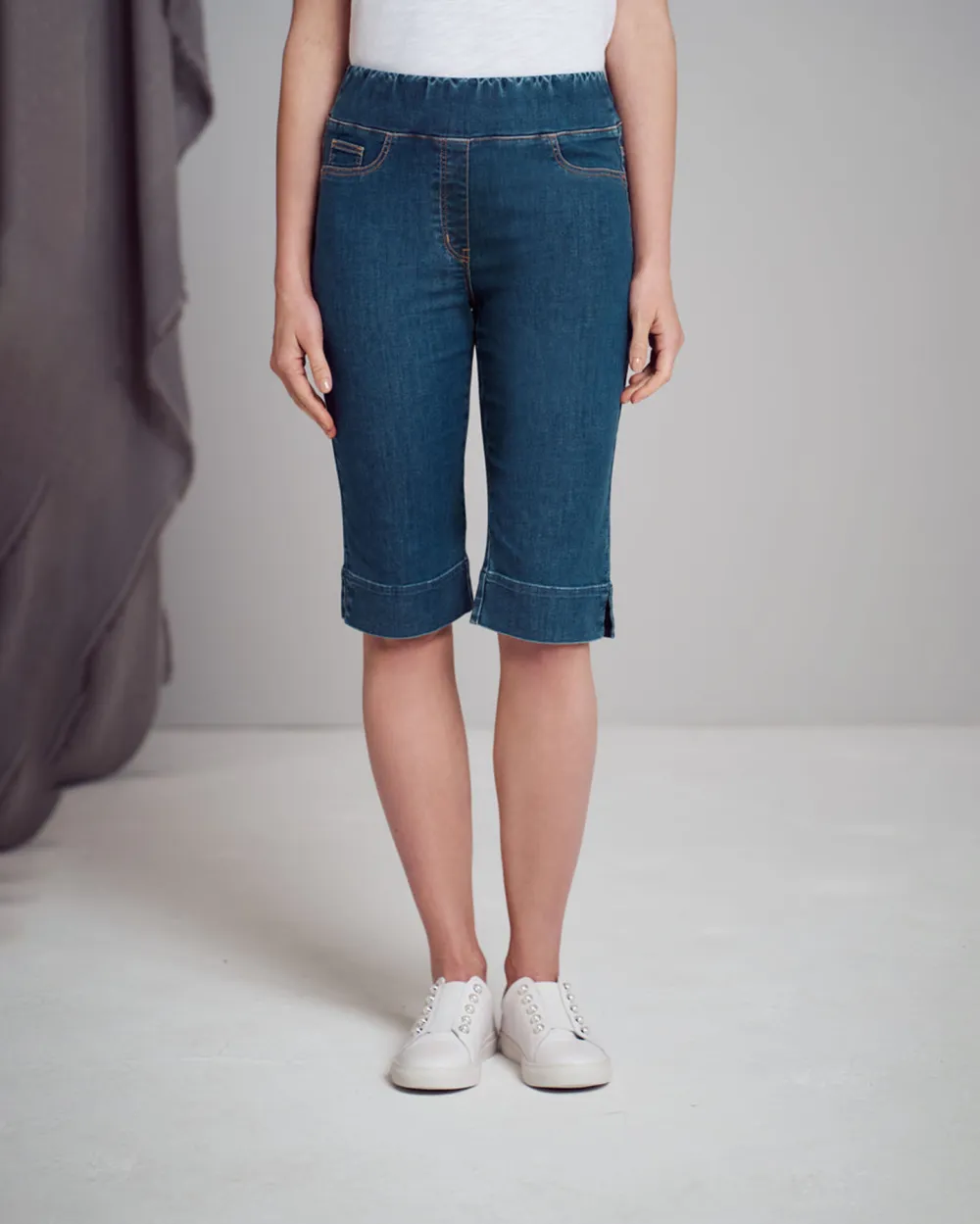 Roll Cuff Denim Knee Length Shorts