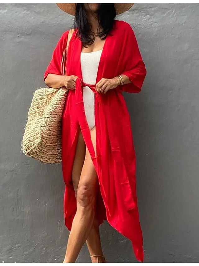 Women's Swimwear Cover Up Beach Top Normal Swimsuit Lace up Pleated UV Protection Pure Color Black White Red Royal Blue Beige V Wire Bathing Suits New Vacation Holiday