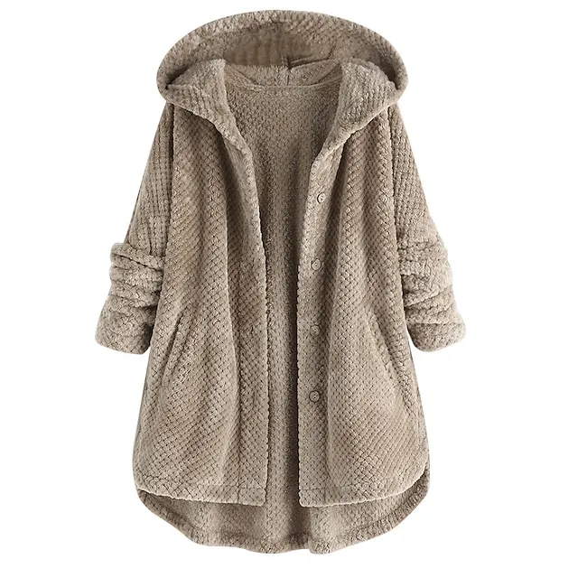 Women's Coat Teddy Coat with Hood Sherpa Jacket Fleece Jacket Daily Fall Winter Long Coat Regular Fit Casual Jacket Long Sleeve Solid Color Wine Red White Black