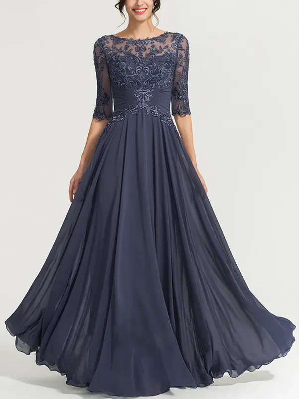Round neck and floor-length chiffon sequined evening dress