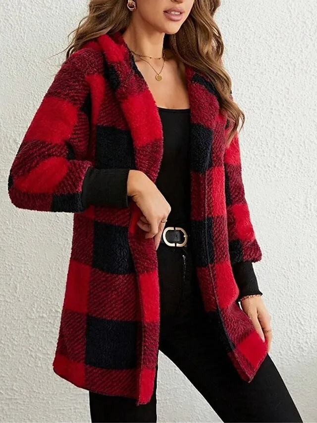 Women's Fleece Jacket Teddy Coat Hoodie Jacket Warm Breathable Street Daily Wear Vacation Going out Pocket Fleece Lined Open Front Hoodie Casual Street Style Stripes and Plaid Regular Fit Outerwear