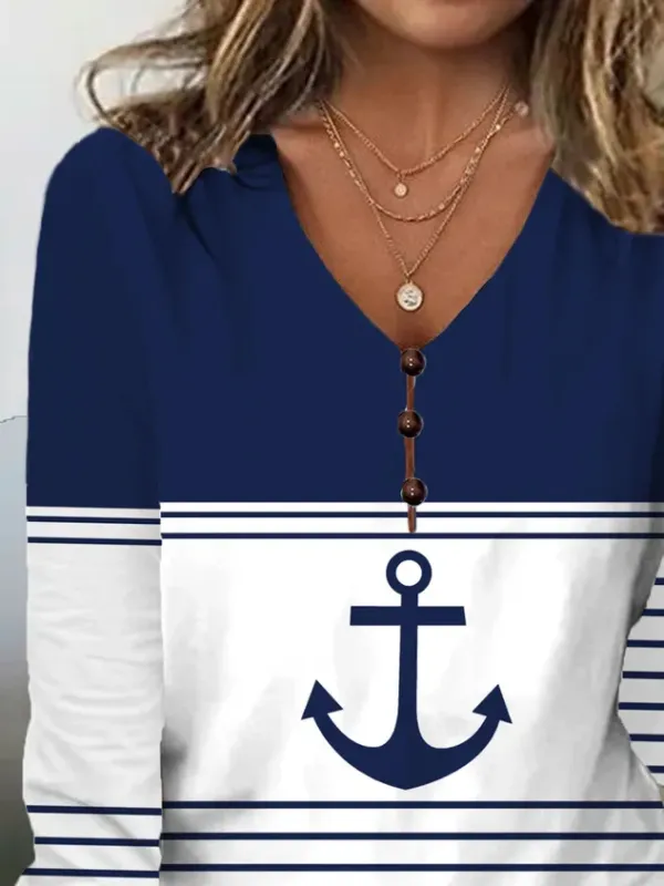 Women Striped V Neck Casual Long Sleeve T-shirt