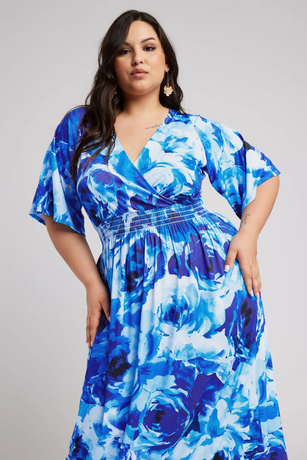 YOURS LONDON Curve Blue Floral Angel Sleeve Maxi Dress