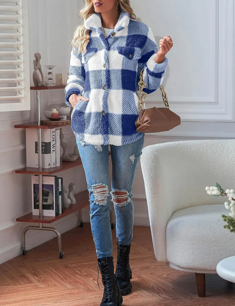 Women's Fleece Plaid Jacket Coats Button Down Lapel Sherpa Shacket Outwear with Pockets