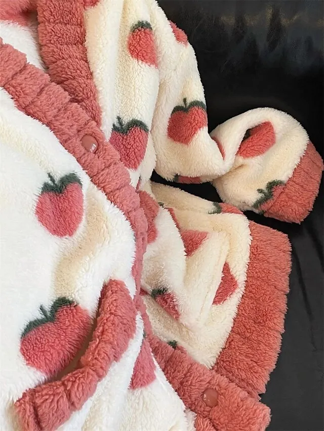 Women's Fleece Fluffy Fuzzy Warm Pajamas Sets Fruit Fashion Casual Comfort Home Daily Bed Flannel Warm V Wire Long Sleeve Cardigan Pant Button Pocket Fall Winter Pink Red