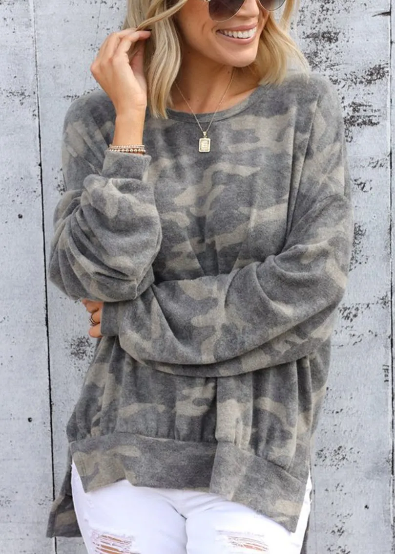 Crew neck camouflage print long sleeve sweater