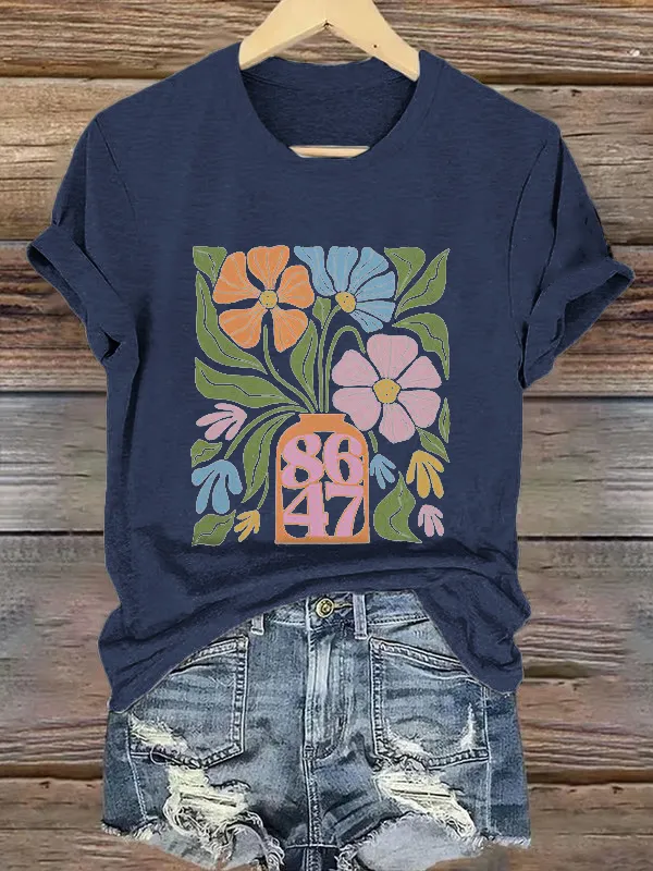 Women'S T-Shirt Retro Flowers 86 47 Print T-Shirt Round Neck Pure Cotton Short Sleeves