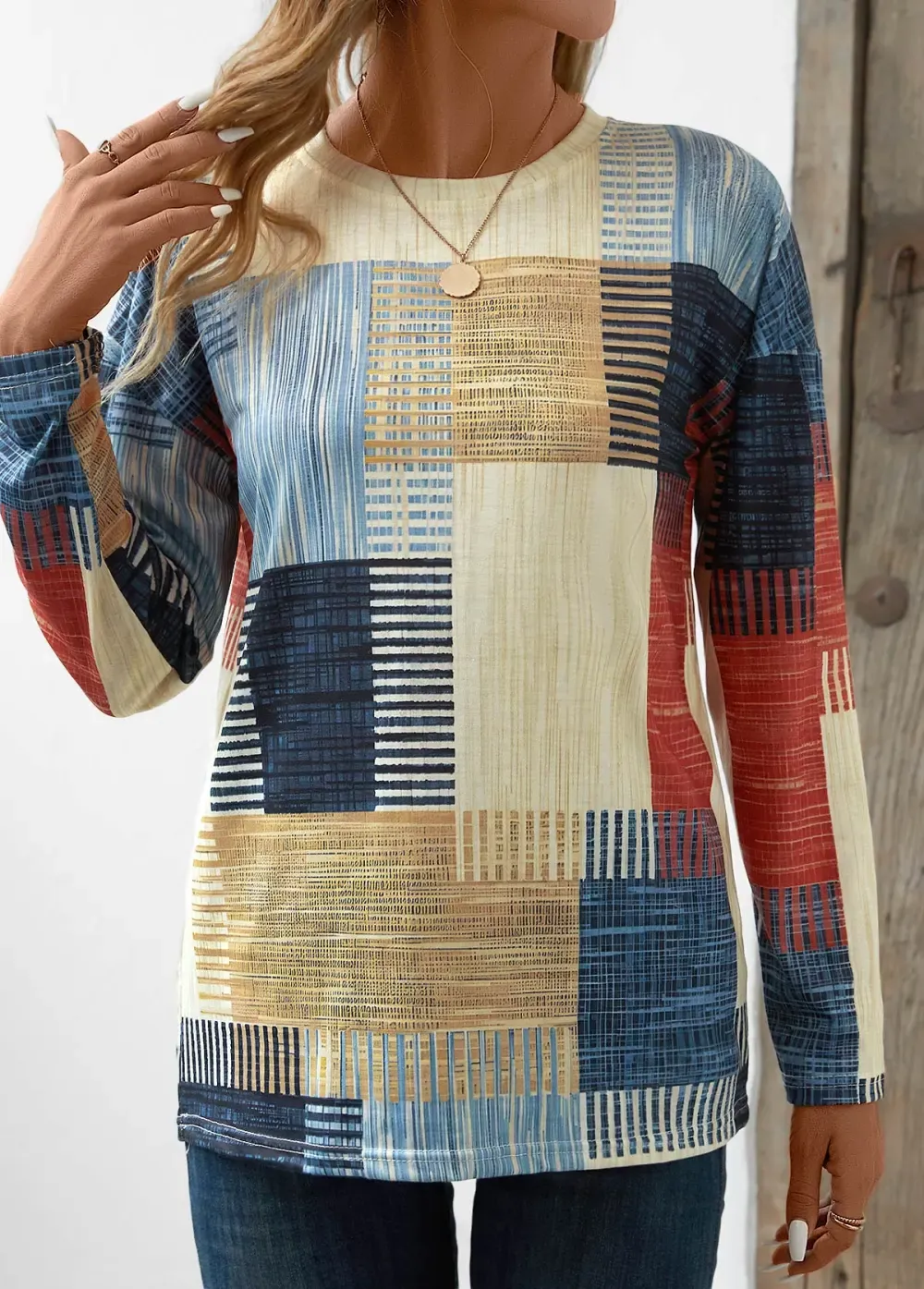 Multi Color Patchwork Geometric Print Long Sleeve T Shirt