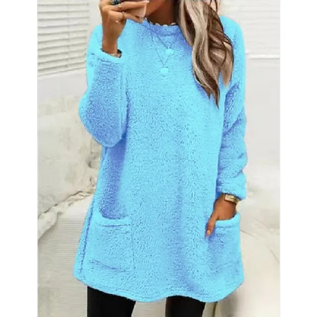 Women's Sweatshirt Pullover Sherpa Fleece Teddy Pocket Marron Black Blue Solid Color Street Casual Round Neck Long Sleeve Fleece S M L XL 2XL 3XL