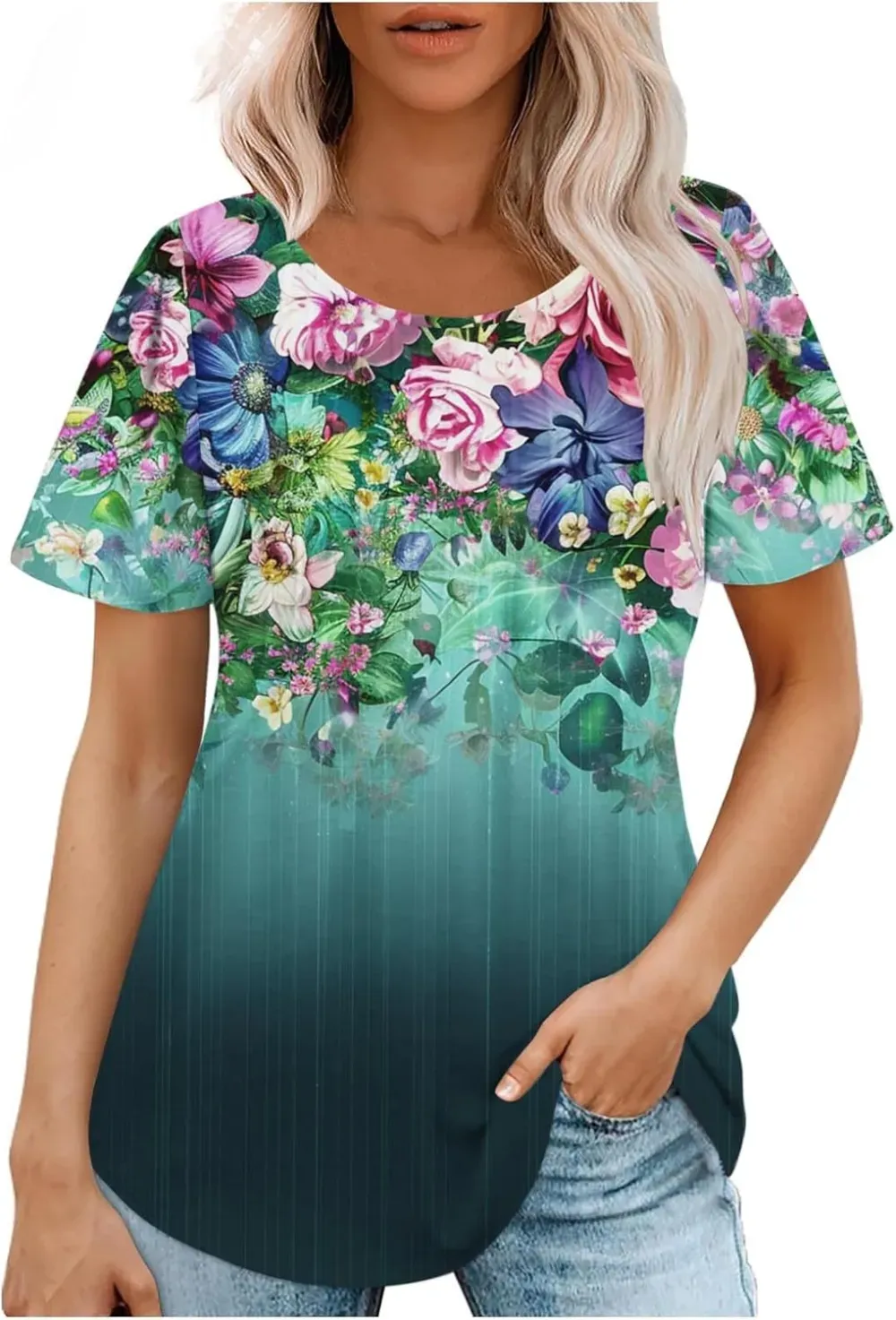 Womens Summer Pleated Front Shirts Tunics Casual Short Sleeved Loose Round Neck Boho Printed Tops Vacation Blouse