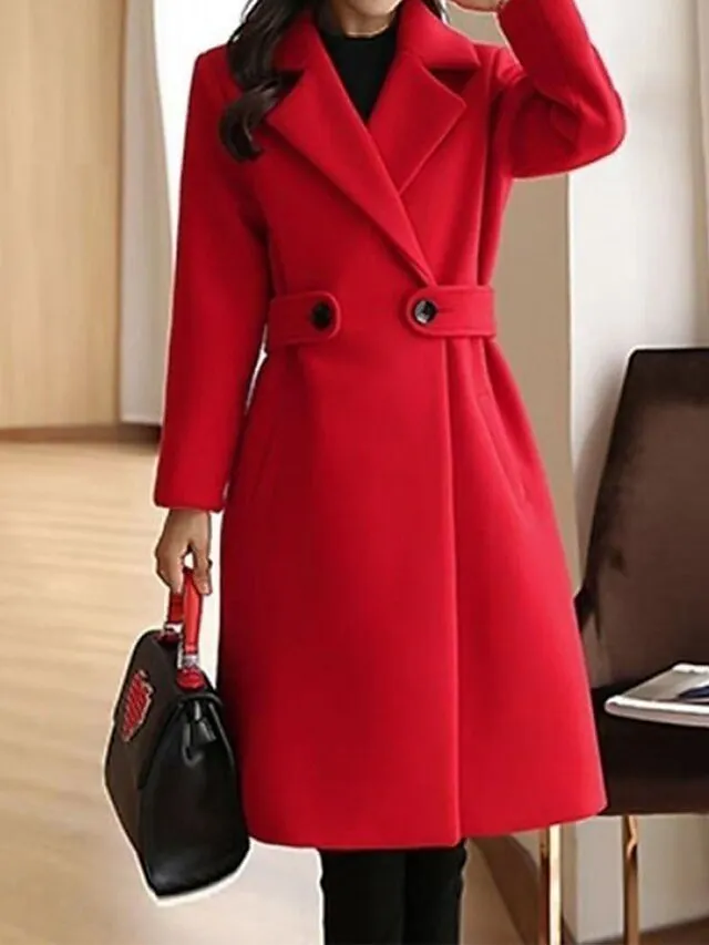 Women's Winter Coat Long Pea Coat Lapel Fall Warm Overcoat Maillard Windproof Warm Outerwear with Pockets Trench Coat Comtemporary Stylish Casual Jacket Long Sleeve Red Camel Brown