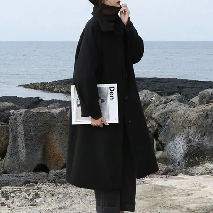 Solid Single Breasted Lapel Coat in Black