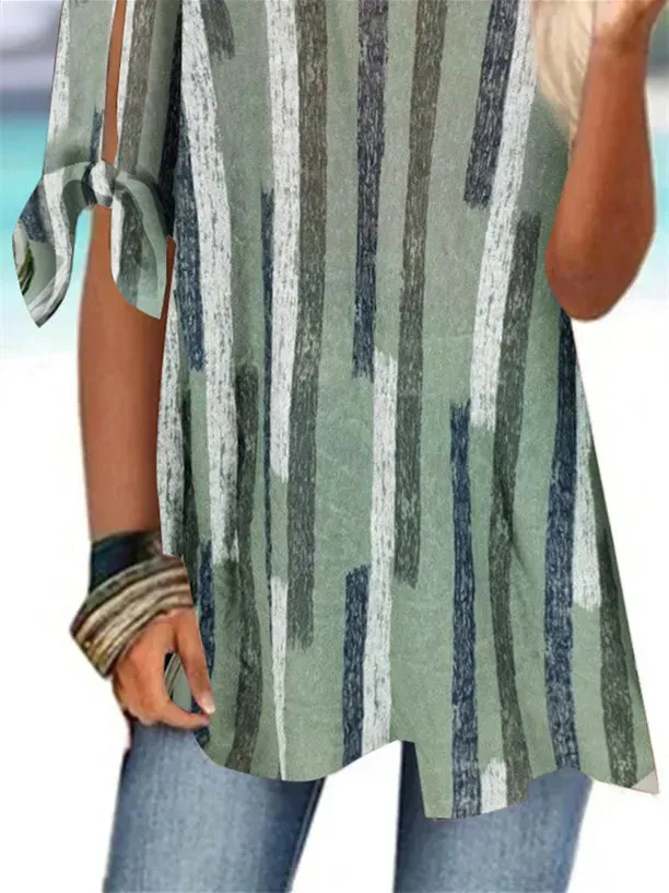 Women Half Sleeve Scoop Neck Striped Stitching Women Tops