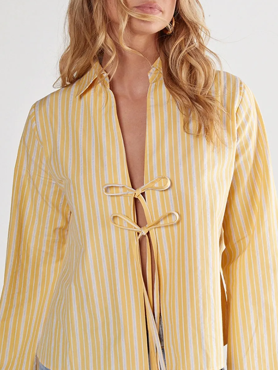 Women'S Yellow-White Stripe Drawstring Cropped Shirt