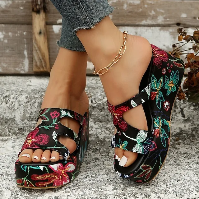 Women's Sandals Slippers Wedge Sandals Platform Sandals Plus Size Daily Beach Summer Platform Wedge Heel Open Toe Vintage Casual Faux Leather Loafer Color Block Black / White Snake pattern Black