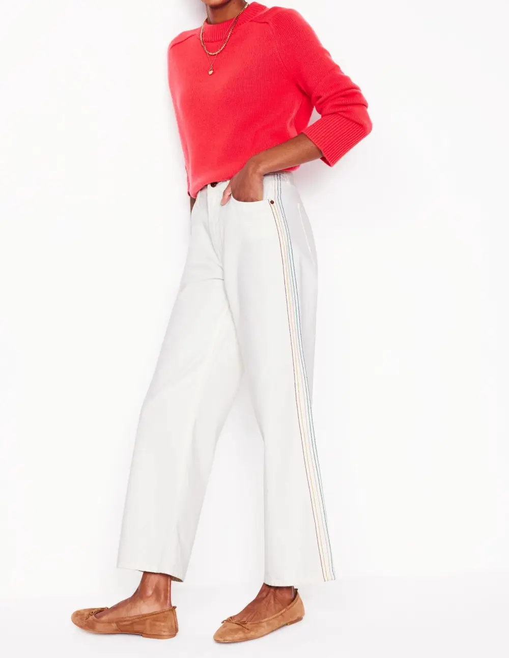 High Rise Straight Crop Jeans -Off White w/ Embroidery