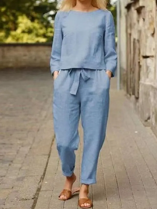 Women's Loungewear Sets Pure Color Simple Casual Comfort Home Daily Vacation Linen Breathable Crew Neck Long Sleeve Shirt Pant Pocket Summer Spring Black Red