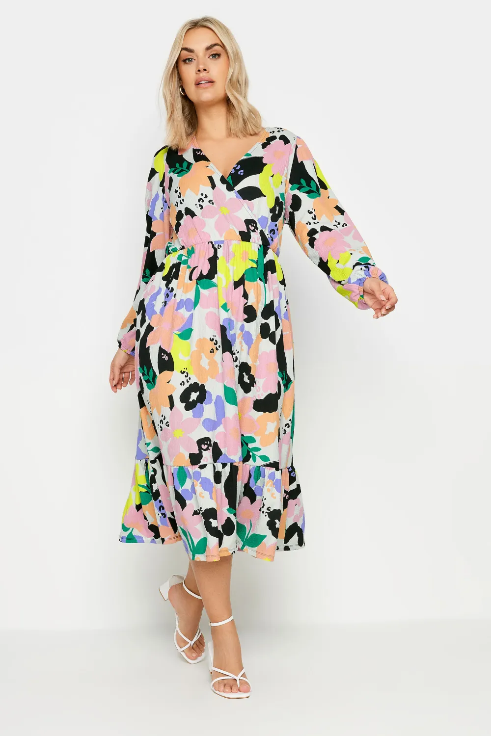 YOURS Curve White Floral & Leopard Print Textured Wrap Dress