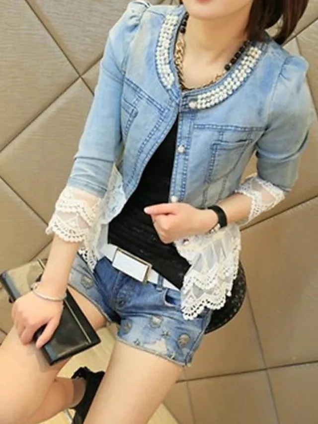 Women's Denim Jacket Spring Coat Lace Regular Fit Elegant Jacket Long Sleeve Solid Color Breathable Streetwear Pocket Blue Beaded Outdoor Street Daily
