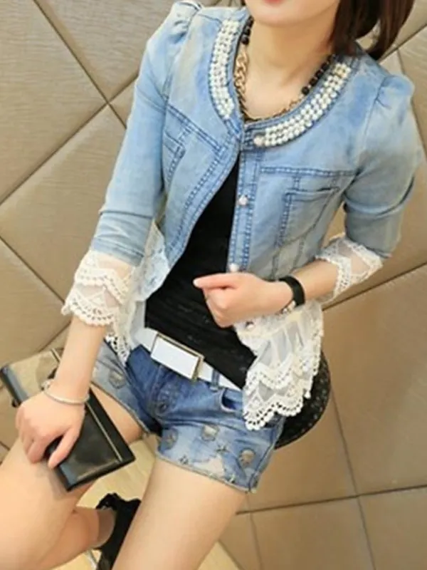 Women's Denim Jacket Spring Coat Lace Regular Fit Elegant Jacket Long Sleeve Solid Color Breathable Streetwear Pocket Blue Beaded Outdoor Street Daily