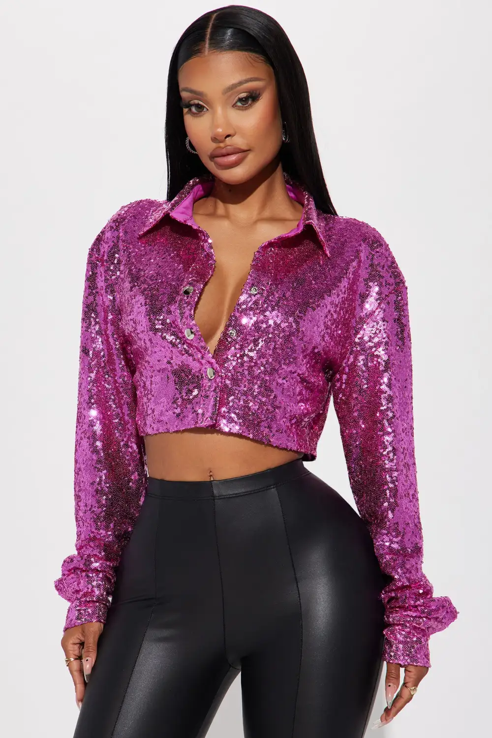 I Am The Moment Cropped Sequin Shirt - Pink