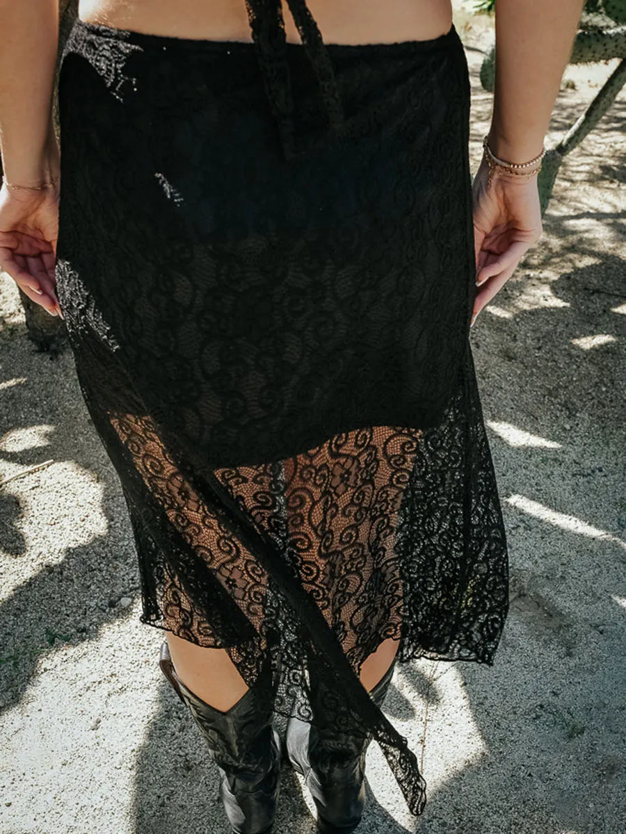 Black Lace Trimmed Tube Top and Skirt Set