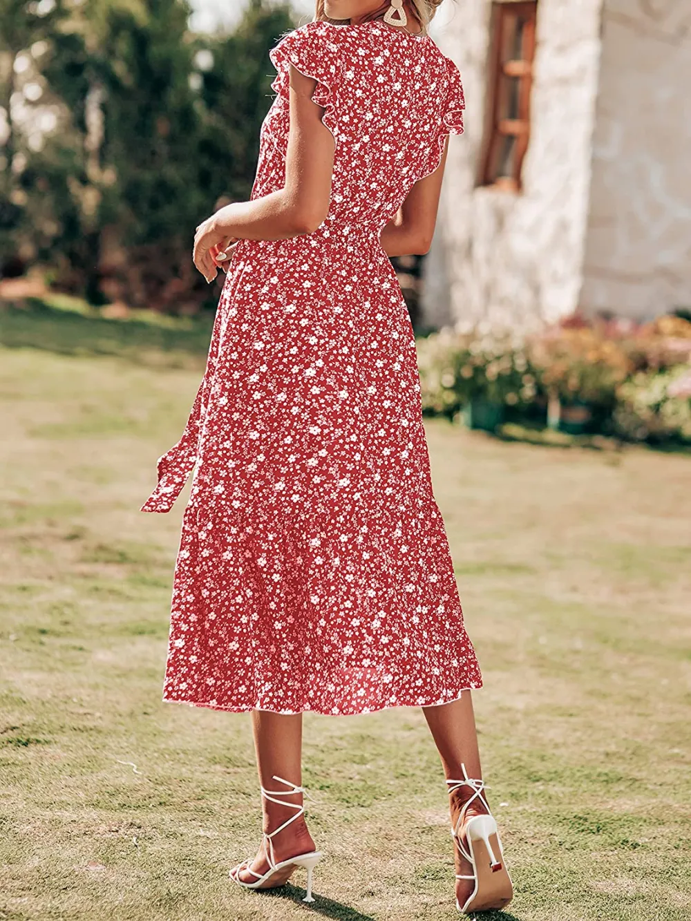 Women Summer Bohemian Floral Casual Wrap V Neck Ruffle Cap Sleeveless Belt A-Line Pleated Hem Swing Midi Sun Dress