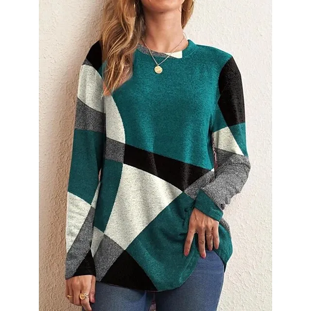 Women's T shirt Tee Red Blue Purple Geometic Color Block Office Basic Round Neck Fall Winter Fall & Winter