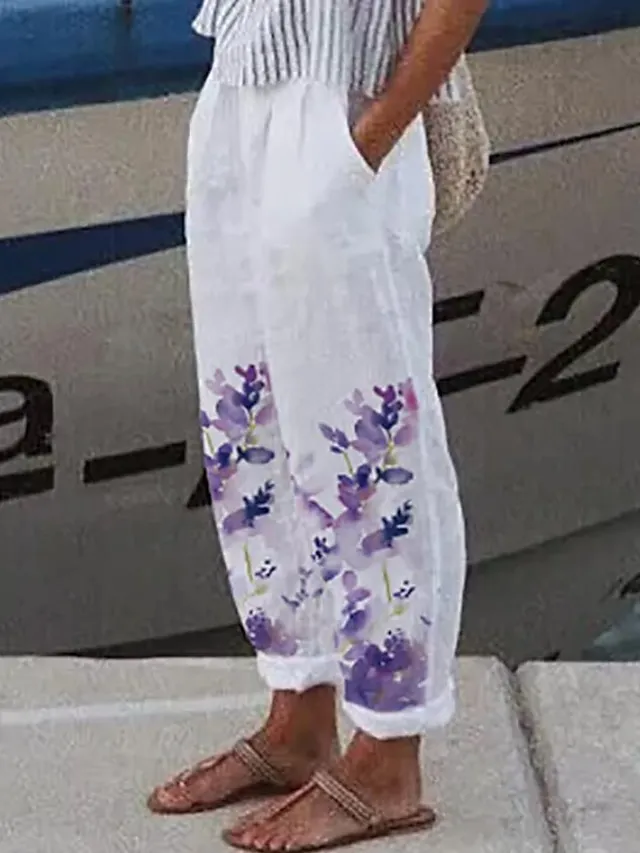 Women's Linen Pants Chinos Pants Trousers Full Length Faux Linen Side Pockets Baggy Micro-elastic Mid Waist Fashion Designer Casual Weekend White / Black White S M Summer Spring &  Fall