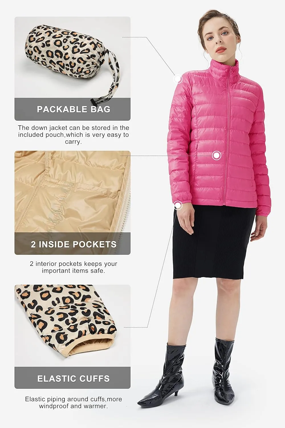 Women's Lightweight Packable Down Jacket Quilted Puffer Coat with Stand Collar