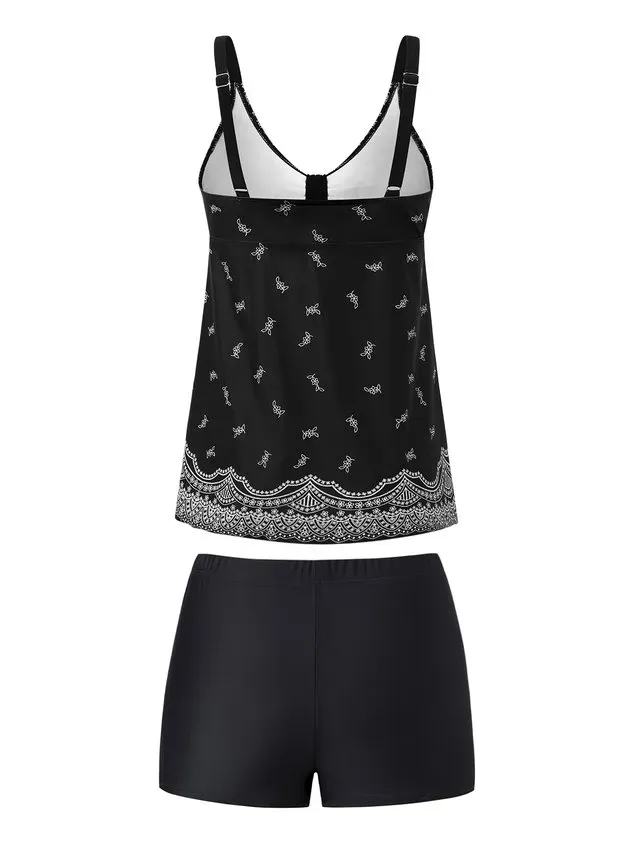 Vacation Ethnic Printing V Neck Tankinis Two-Piece Set