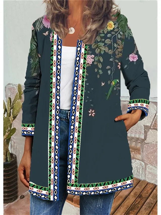 Women's Jacket Casual Floral Print Fall Regular Coat Round Neck Regular Fit Breathable Casual St. Patrick's Day Jacket Long Sleeve Floral Print Green Blue Daily Holiday