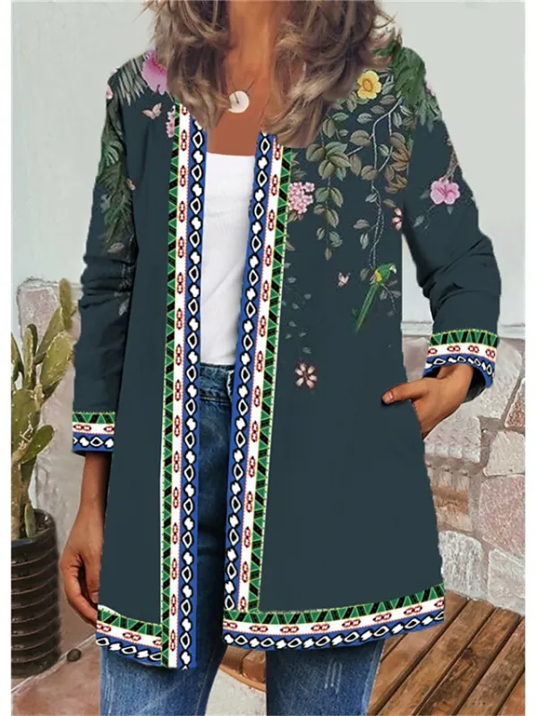 Women's Jacket Casual Floral Print Fall Regular Coat Round Neck Regular Fit Breathable Casual St. Patrick's Day Jacket Long Sleeve Floral Print Green Blue Daily Holiday