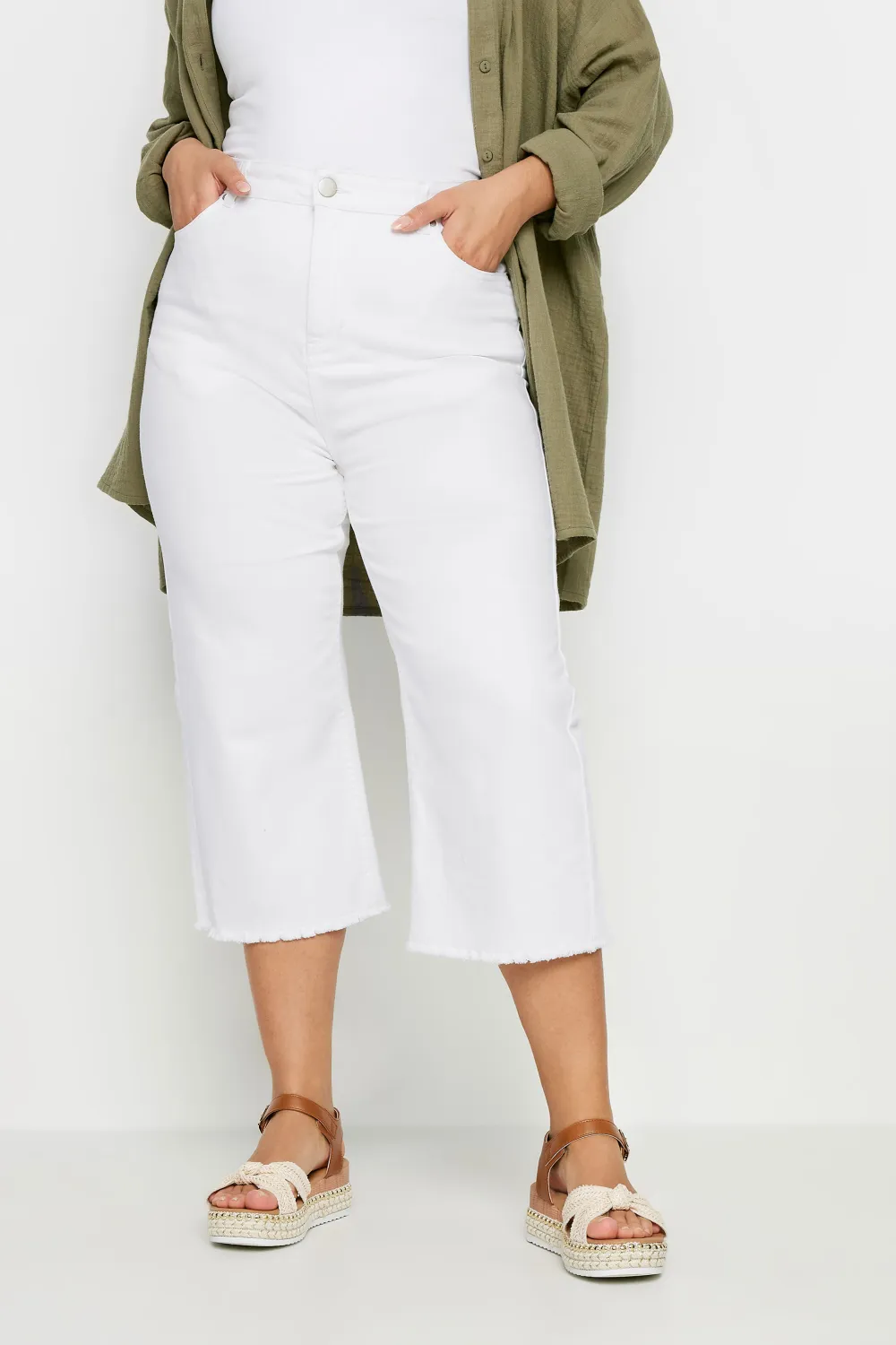 YOURS Curve White Stretch Wide Leg Cropped Jeans