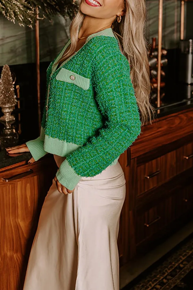 V-Neck Fashionable Tweed Ladies Cardigan
