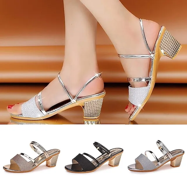 Women's Sandals Dress Shoes Sparkly Sandals Party Daily Summer Block Heel Low Heel Chunky Heel Open Toe Elegant Casual PU Leather PU Loafer Solid Color Black Silver Gold