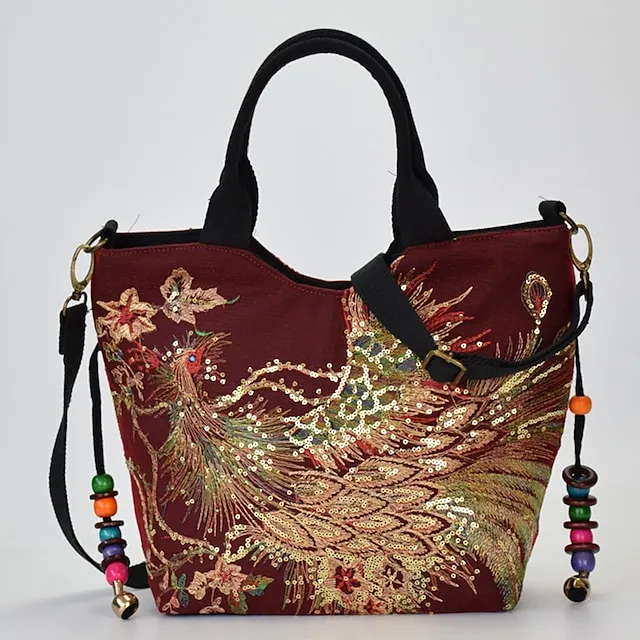 Women's Handbag Crossbody Bag Canvas Tote Bag Canvas Outdoor Daily Holiday Beading Animal Embroidery Black Red Blue