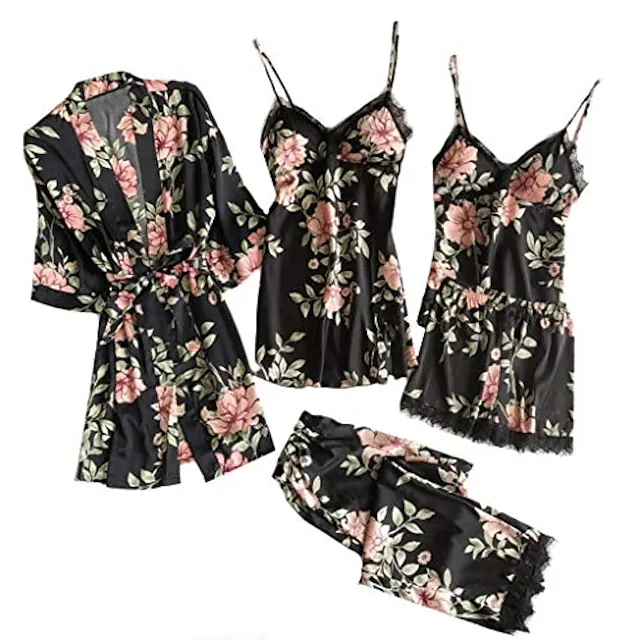 Women's Lace Silk Satin Pajama Sets 5Pcs Cami Top Nightgown Lace Night Robe Sexy Sleepwear Robe Sets Nightdress With Chest Pads